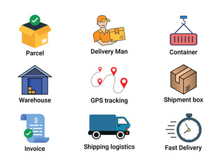 Delivery and Logistics Icons Set - Parcel, Shipping, Tracking, and Warehouse Vector