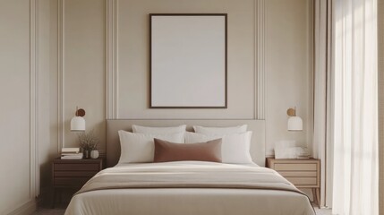 Elegant Beige Bedroom Interior Design:  Modern Minimalist Bedroom with Neutral Tones and a Large Blank Canvas
