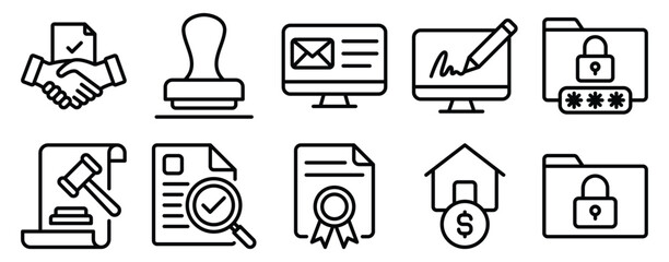 Contracts Icon Set Line Style Collection representing legal agreements and formal documentation suitable for business deals legal services and administrative processes