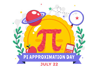 Pi Approximation Day Vector Illustration Celebrated on July 22, Featuring Mathematical Constants, Greek Letters, or a Baked Sweet Pie in a Background