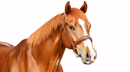 Fototapeta premium Beautiful chestnut horse gazes intently with bridle on a clean white background in studio shot.