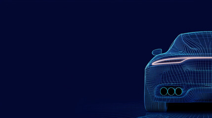 Rear view of a futuristic car with a grid design on a dark blue background in cyberspace style.