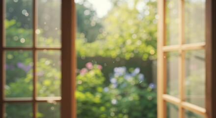 Blurred view of a lush green garden seen through an open wooden window frame with sunlight streaming in, creating bokeh effects and visible dust particles in the air