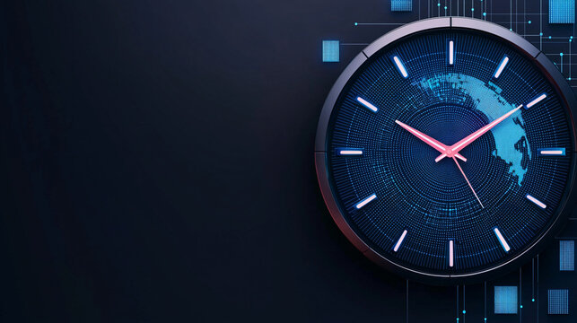 An elegant clock displays time with a digital earth projection on a dark blue background scene.