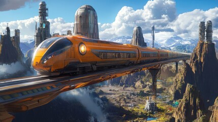 Futuristic High-Speed Train Journey Across a Mountainous Landscape