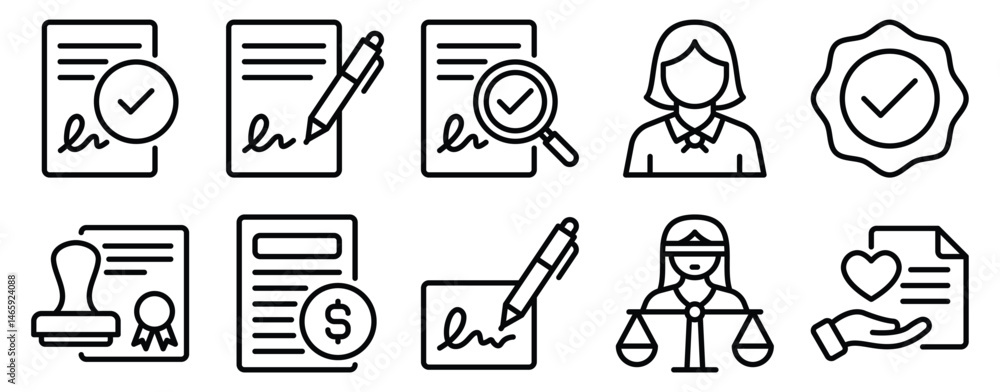 Poster notary icon set line style collection representing legal authentication and official documentation s