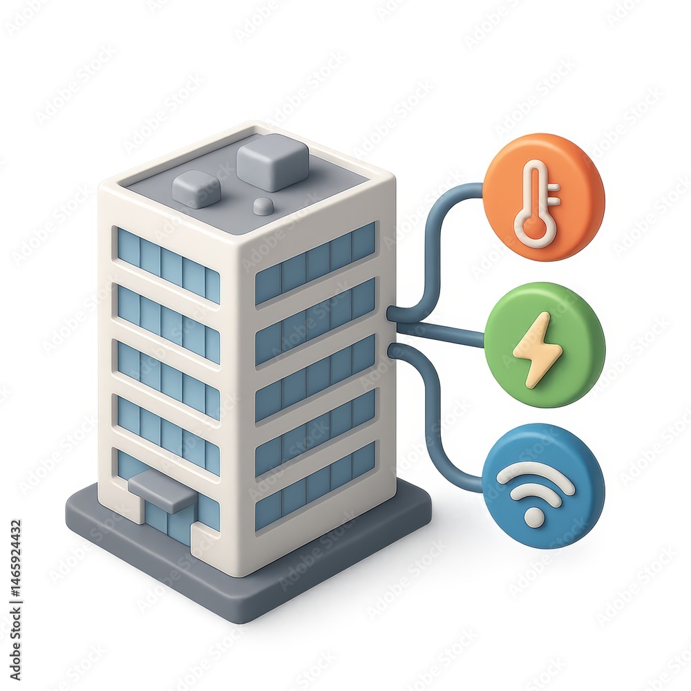 Poster 3d model of modern building with management system icons