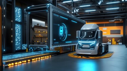 Futuristic Self-Driving Truck in a Modern Warehouse