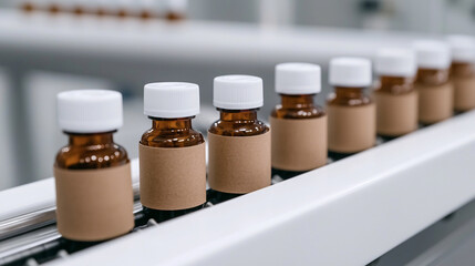 Amber glass vials with blank labels progress along a conveyor belt in a pharmaceutical factory.