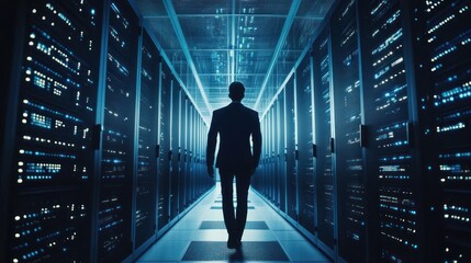 A Silhouette of a Businessman Walking Through a Modern Data Center at Night