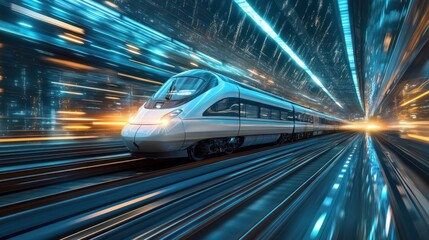 High-Speed Rail Through Futuristic Cityscape