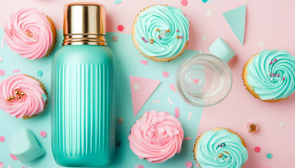 Pastel-colored cupcakes, a teal bottle, and confetti arranged on a pink and blue background. Perfect for blogs, websites, or social media related to food, parties, or lifestyle.
