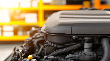A detailed view reveals the intricate mechanics of a modern car engine in a bright workshop area.