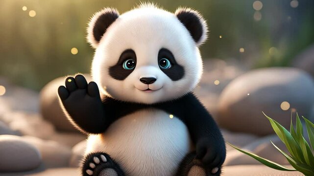 Cute baby panda waving paw on green grass