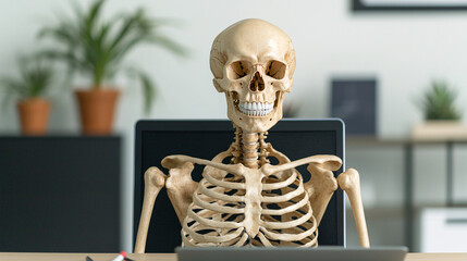 A skeleton sits at a desk using a laptop, perhaps representing burnout or working to death.