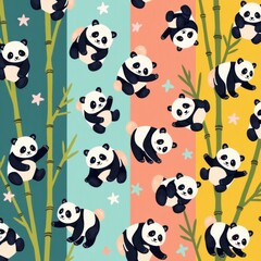 Cute cartoon pandas play among bamboo on colorful, striped backgrounds with stars, creating a cheerful and lively pattern.