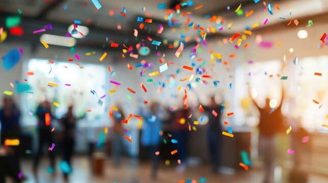 Celebration! Colorful confetti falls on a blurred group of joyous people, capturing the vibrant energy of a festive gathering. A moment of pure happiness and success.