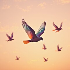 Obraz premium A flock of birds with colorful wings flying gracefully against a warm sunset sky.