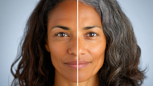 Portrait showing a beautiful woman before and after dyeing her hair to cover gray roots.