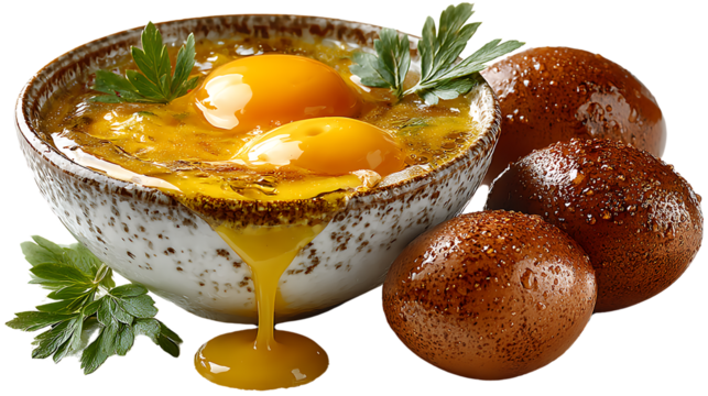 Egg yolks in a bowl with boiled eggs and parsley garnish