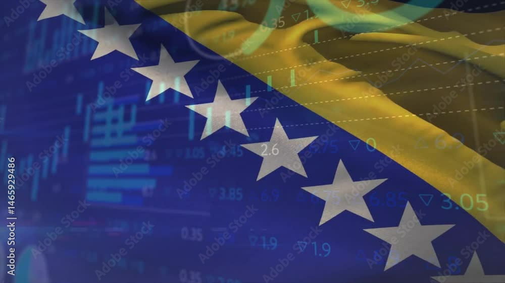 Poster eu stars merging into yellow field while overlaying candlestick bars, line graphs in flat design