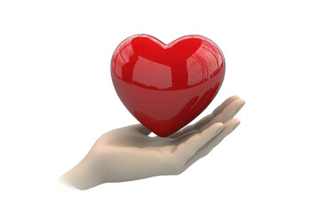 Obraz premium 3D Red Heart Shape with Glossy Surface Held in Human Hand Photorealistic 4K Render on White Background.