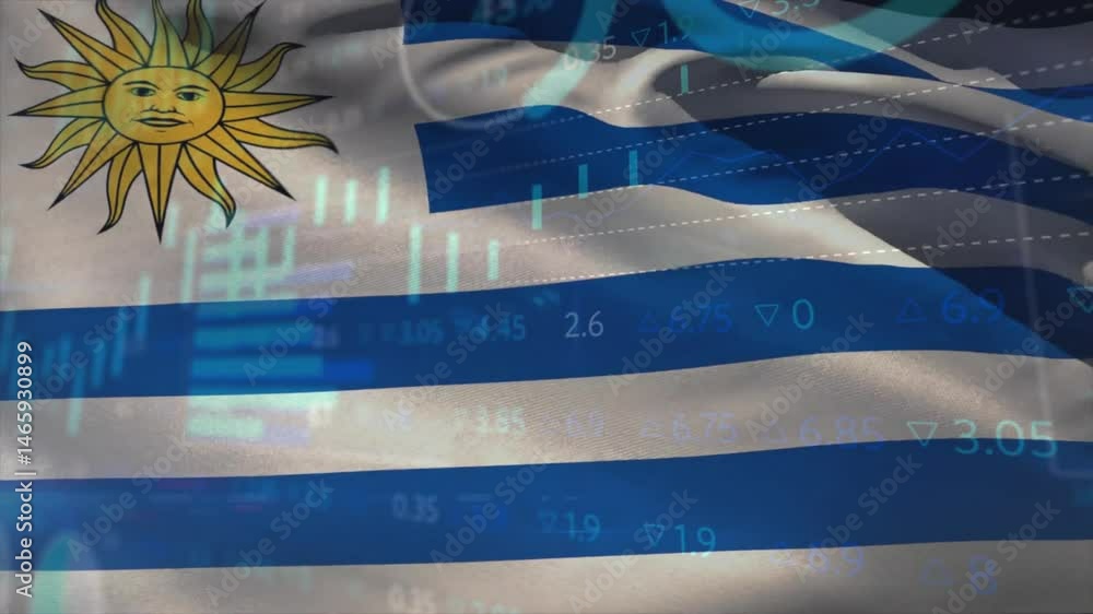 Poster uruguay flag waving in digital composite, showing candlestick charts and numeric data