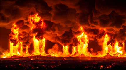 Fototapeta premium Fiery volcanic eruption at night, lava fountains erupt into the dark sky, creating a dramatic and awe-inspiring spectacle.