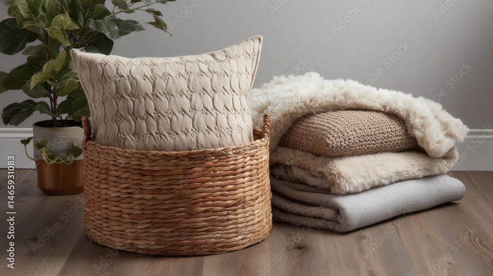 Poster Cozy Arrangement of a Woven Basket With a Stylish Pillow and Folded Blankets in a Serene Interior Space Generative AI