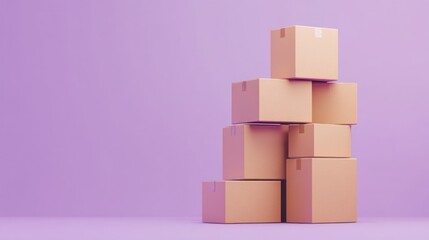 Obraz premium Stack of Cardboard Boxes on Purple Background: E-commerce, Shipping, and Delivery Concept
