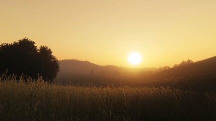Scenic golden hour over rolling hills with tall grass in the foreground