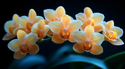 Fototapeta premium Close-up of seven peach orchids against a dark background.