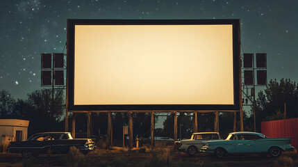 Drive-in movie theater screen with cars parked under a starry night sky.