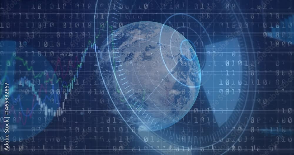 Poster digital earth globe rotating, binary code streaming, colored charts climbing, hud graphics pulsing