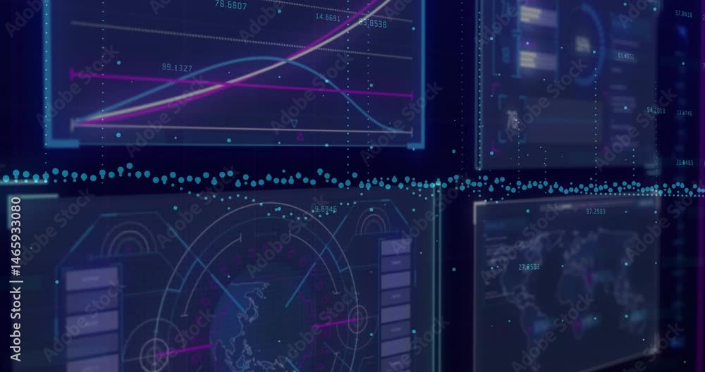 Poster semi-transparent digital dashboard showing line charts and world map overlay floating data points