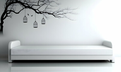 Minimalist modern bedroom interior design featuring a white daybed and a wall decal of a barren tree with hanging birdcages, conveying a sense of tranquility and simplicity.