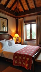 Obraz premium A cozy, well-lit bedroom with wooden ceiling, large window, double bed, framed art, and warm decor.