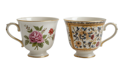 Pair of mismatched vintage teacups with floral and geometric designs isolated on white