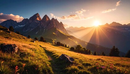 Hiking in the mountains, bright sun; mountains during sunrise; travel concept