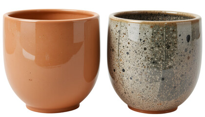 Two ceramic plant pots with matte terracotta and speckled glaze finishes on white background