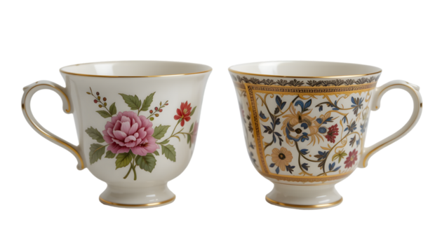 Pair of mismatched vintage teacups with floral and geometric designs isolated on white