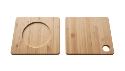 Minimalist wooden cutting boards with circular cutout and rectangular notch on white surface