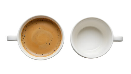 Full and empty matching coffee cups placed on white background
