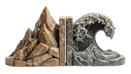 Hand-carved stone bookends shaped as mountain and wave isolated on white background