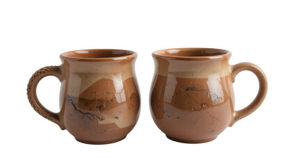 Pair of handcrafted clay mugs with textured and smooth finishes on white background