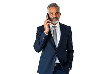 Mature Businessman in Suit Talking on Phone with Confident Expression on Transparent PNG Background