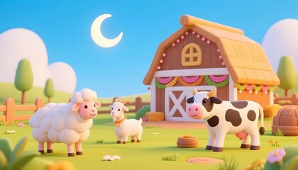 Naklejka premium Cute Cartoon Sheep and Eid Lanterns in Green Meadow