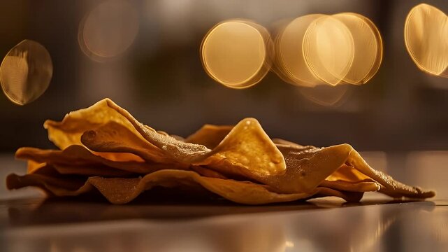 Golden Papadums Crispy Stack with Bokeh Light Background a Culinary Delight on Reflective Surface