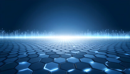 Naklejka premium Futuristic hexagonal grid landscape with glowing blue digital skyline; abstract technology background.