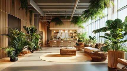 Fototapeta premium Modern, spacious interior design with lush greenery.